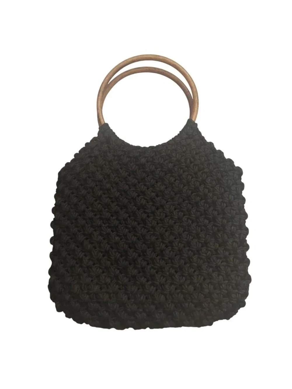 Macrame Crochet Handbag Handmade Black W/ Round Wooden Handles Lined Vintage 70s